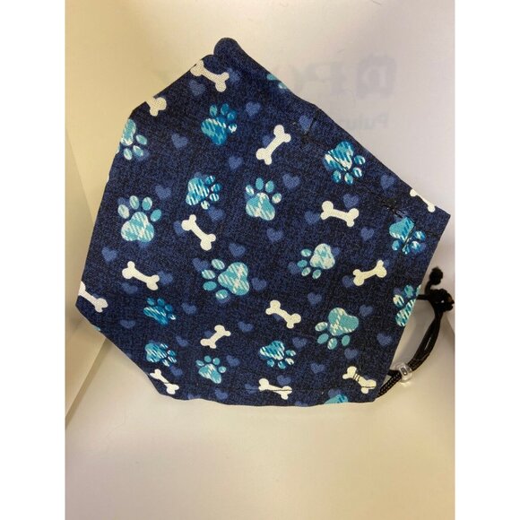 Handmade Adjustable Dog Paw Print Face Mask Blue Bones - Picture 2 of 5